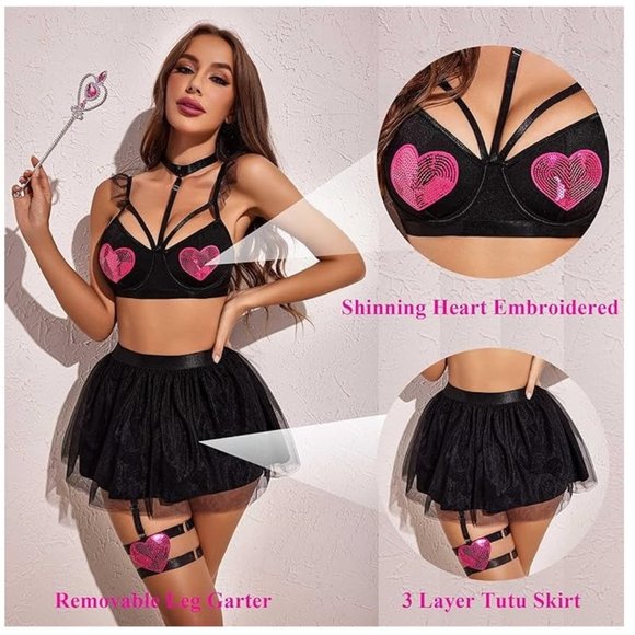 Black Underwire Bra and TUTU Skirt Garter Heart Lingerie Set - Picture 6 of 7